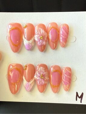 Handmade Pink and Coral Press-On Nail Set with Floral Accent